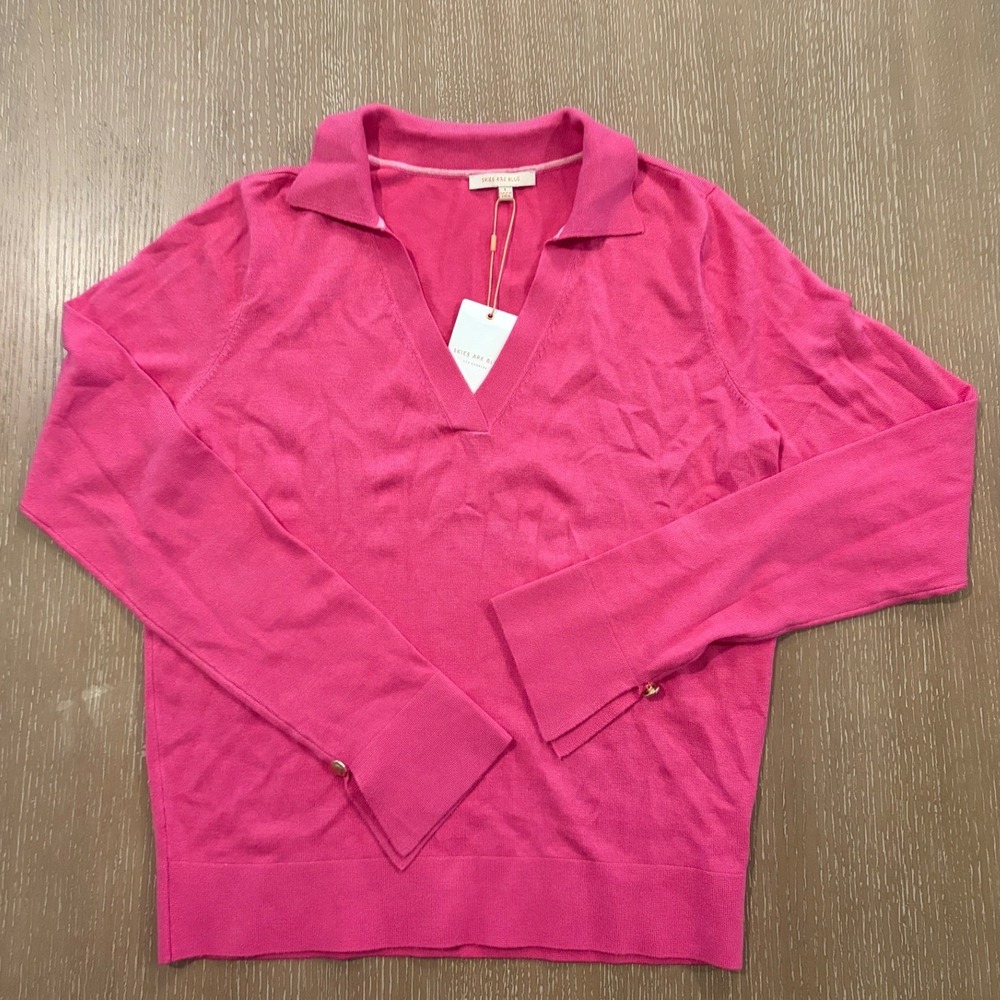 Skies Are Blue Women's Large V Neck Collared Pink Cuff Detail Long Sleeve